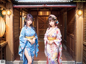 A woman in a blue kimono sitting on a wooden bench.