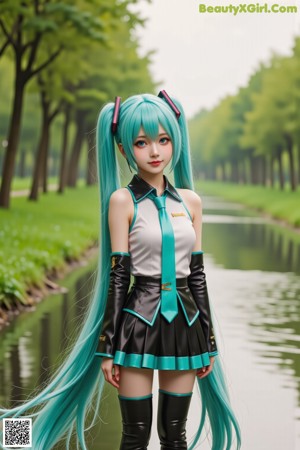 A woman with long green hair wearing a skirt and boots.