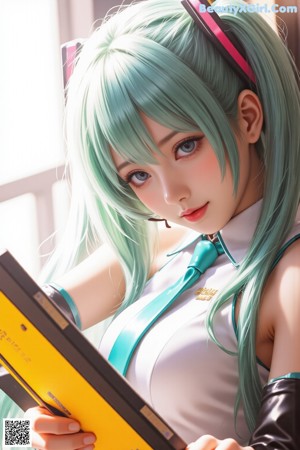 A woman with long blue hair wearing a white shirt and shorts.