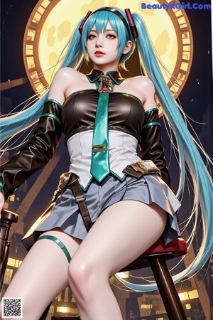 A woman with green hair wearing a white top and black gloves.