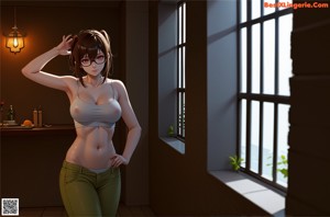 Anime girl in a blue bikini posing naked on a couch.