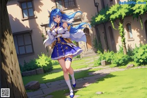 A woman with long blue hair wearing a white dress.
