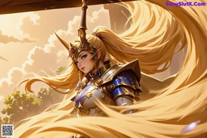 A woman in a blue and gold outfit holding a sword.