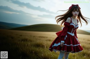 A woman in a red dress and white stockings posing for a picture.