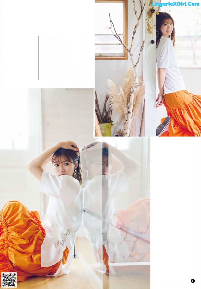 A woman in a white shirt and orange skirt posing for a magazine.