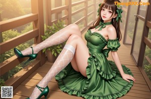 A woman in a green dress holding a glass of wine.