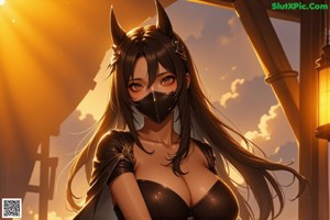 A naked woman wearing a mask and a hooded cloak.