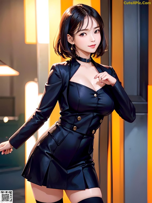A woman in a black dress and thigh high boots posing for a picture.