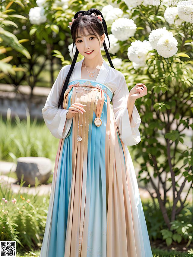 A woman in a blue and beige hanbok standing in a garden.