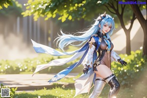 A woman with long blue hair standing in a park.