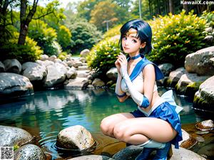 A woman in a blue and white outfit sitting on a wooden bench.