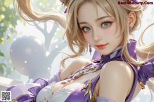 A woman in a purple dress sitting on a bed.