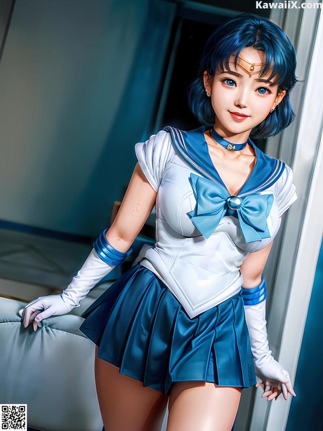 A woman in a sailor outfit posing for a picture.