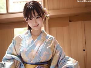 A woman in a blue kimono standing by a lake.