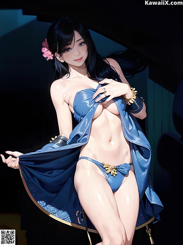 A woman in a blue bikini posing for a picture.