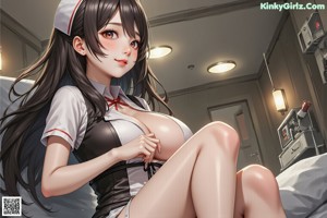 A woman in a red nurse outfit sitting on a bed.