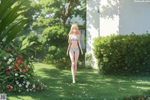 A naked woman standing in a grassy field next to a tree.