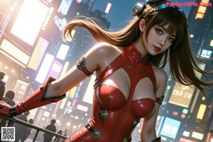 A woman in a white and red outfit standing in the middle of a city.
