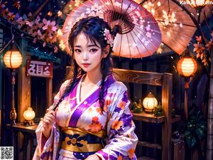 A woman in a kimono sitting on a ledge holding an umbrella.