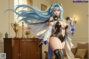 a sexy anime girl with blue hair and a crown on her head