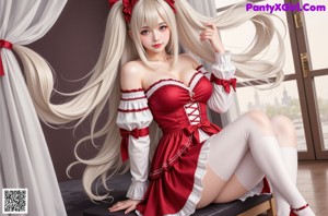 a woman in a red and white dress sitting on a couch