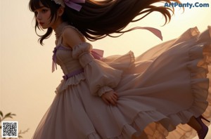 A girl in a dress and hat standing in the clouds.
