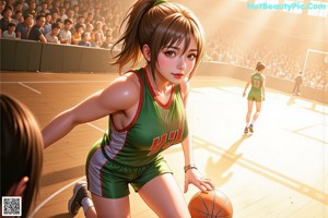 A woman in a blue and white uniform holding a basketball.