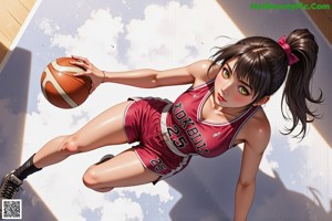 A woman in a red uniform dribbling a basketball on a court.