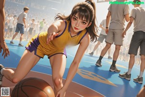 A girl sitting on a basketball court with her legs crossed.
