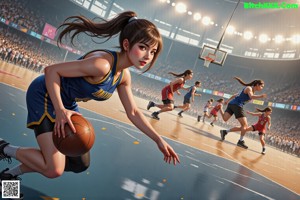 A girl in a volleyball uniform running with a basketball.