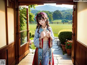 A woman in a yellow kimono holding an umbrella.