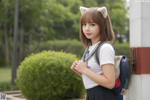 A young woman wearing a cat ears headband and a tie.