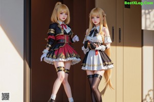 A couple of women dressed in costumes standing next to each other.