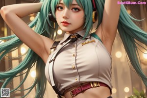 A girl with long green hair wearing headphones sitting on the ground.
