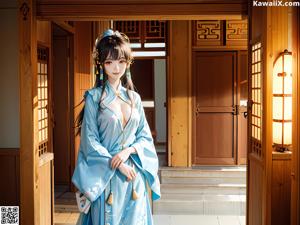 A woman in a pink kimono standing in front of a building.